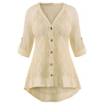 

Lace Panel Button Up Raglan Sleeve Plus Size Top, Light yellow