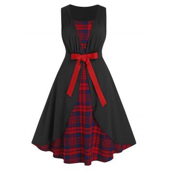 

Plus Size 2 In 1 Plaid Ruched Dress, Black