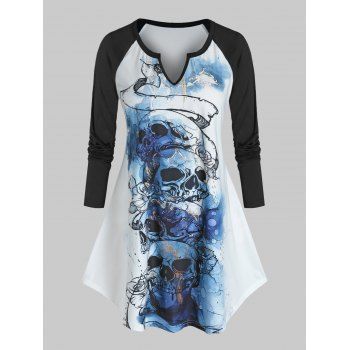 

Plus Size Skull Graphic Notched Collar Long Sleeve T Shirt, Black