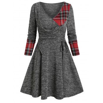 

V Neck Checked Insert Lace Up Mini Knitted Dress, Gray