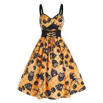 

Cartoon Halloween Pattern A Line Dress Owl Pumpkin Print Corset Style Lace Up Cami Dress, Multicolor a