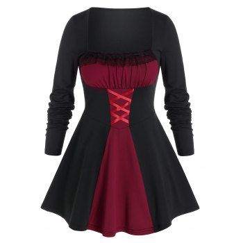 

Plus Size Ruched Bust Lattice Bicolor Long Sleeve Tee, Red wine