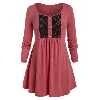

Plus Size Contrast Lace Henley T Shirt, Cherry red