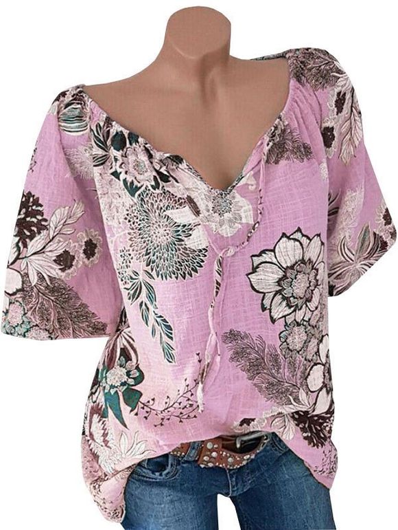 T-shirt Imprimé Floral à Manches Raglan Grande Taille - Rose clair XL