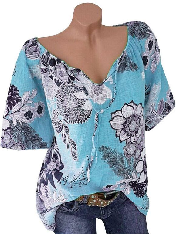 T-shirt Imprimé Floral à Manches Raglan Grande Taille - Bleu 5XL