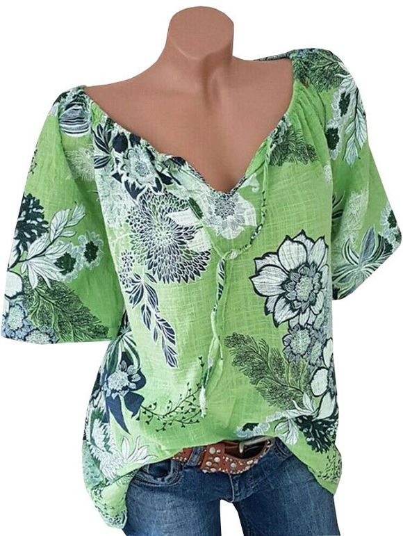 T-shirt Imprimé Floral à Manches Raglan Grande Taille - Vert 4XL