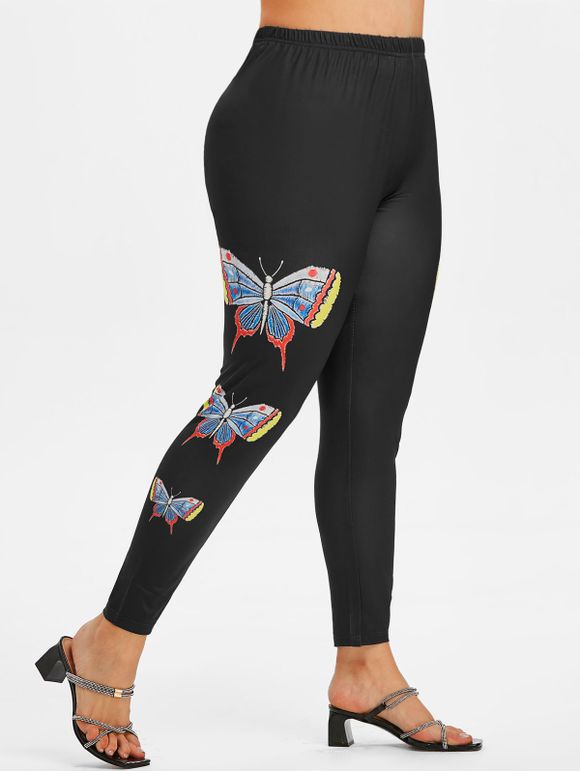 Legging Moulant Papillon Imprimé à Taille Haute de Grande Taille - Noir 5X