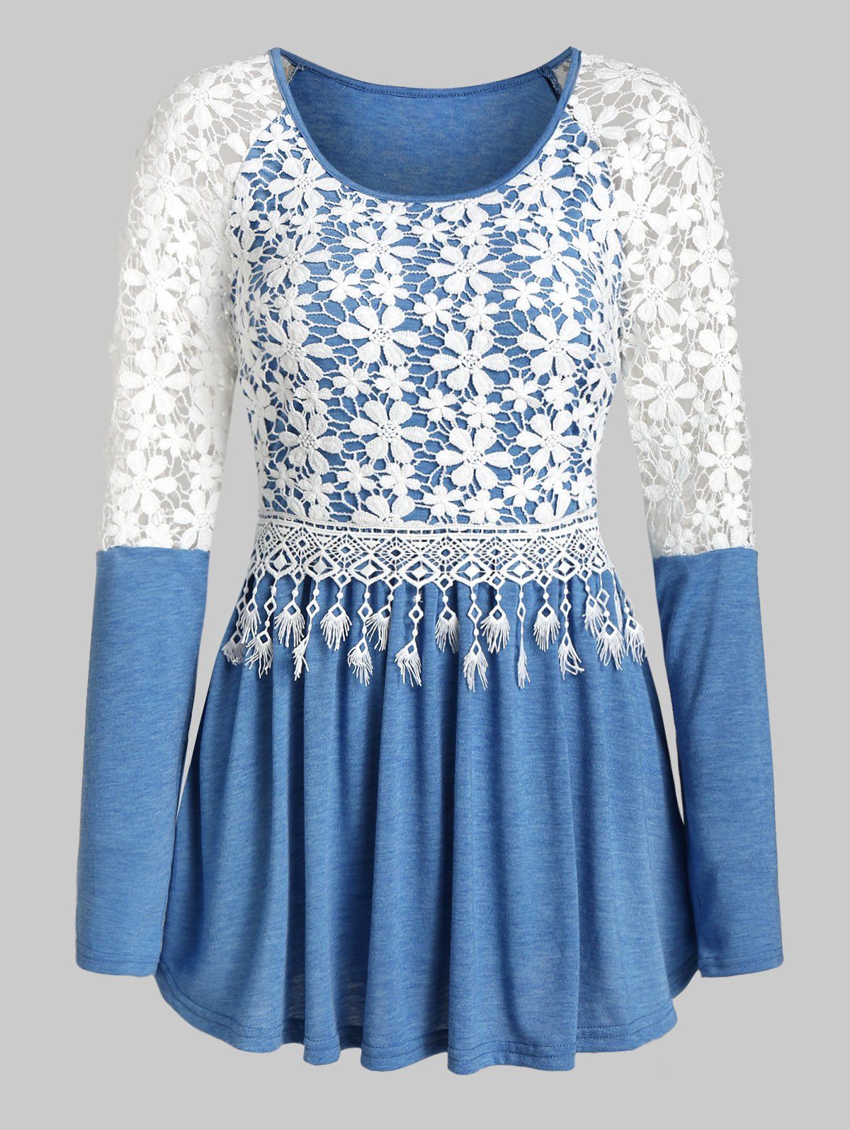 Floral Embroidery Hollow Out Sleeve Top - SILK BLUE 2XL