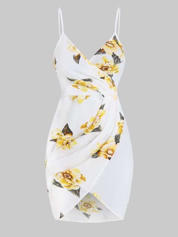 Flower Print Spaghetti Strap Tulip Dress - SUN YELLOW L