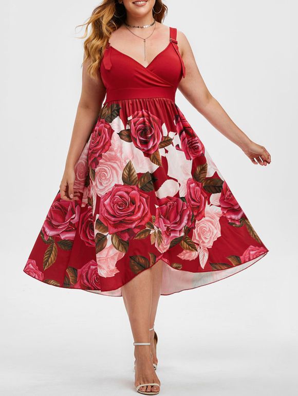 Robe Superposée Fleurie à Bretelle Bouclée de Grande Taille - Rouge 5X
