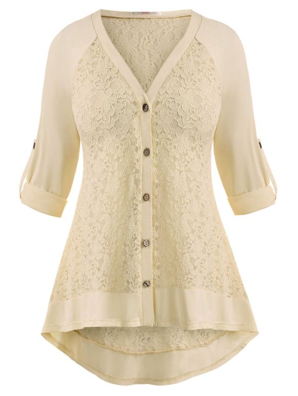 Haut Boutonné Panneau en Dentelle à Manches Raglan de Grande Taille - Jaune clair 1X