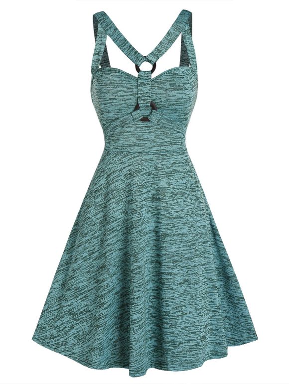 Robe Evasée Teintée Imprimée à Bretelle Anneau en O - Vert Clair de Mer 3XL