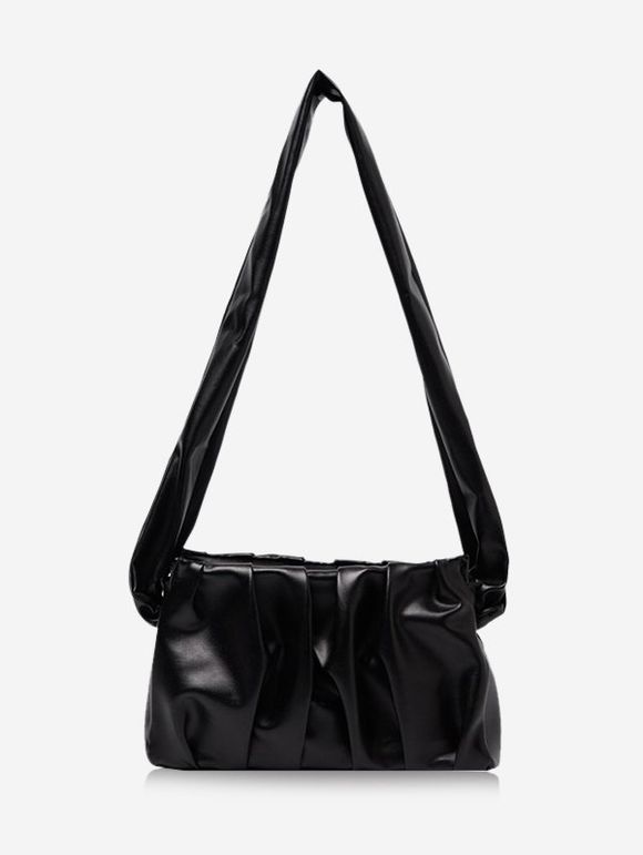 Sac à Bandoulière Plissé à Bretelle Large en Couleur Unie - Noir 