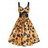 Cartoon Halloween Pattern A Line Dress Owl Pumpkin Print Corset Style Lace Up Cami Dress - multicolor A XL
