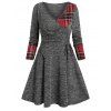 V Neck Checked Insert  Lace Up Mini Knitted Dress - GRAY M