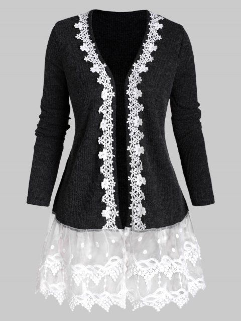 Ribbed Lace Mesh Panel Open Front Plus Size Cardigan
