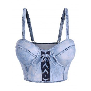 

Denim Print Lace Up Corset Style Moulded Swim Top, Light blue