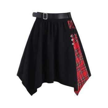 

Plaid Buckle Belted Handkerchief Skirt, Black