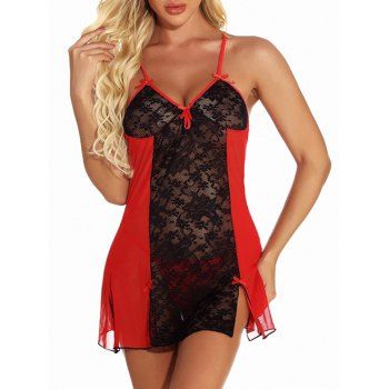 Image of Lace Insert Sheer Mesh Bowknot Slit Lingerie Dress
