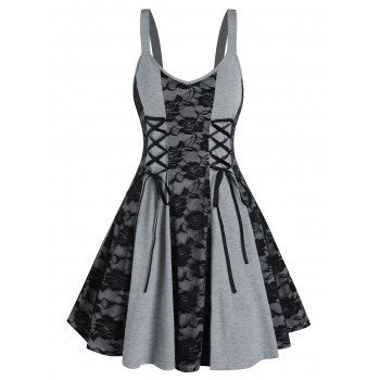 Image of Lace Up Floral Lace Cami A Line Dress