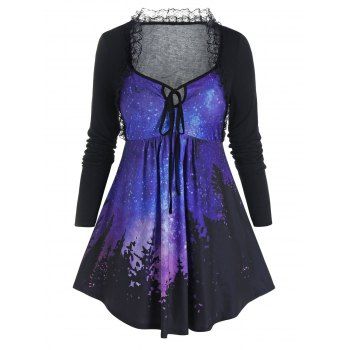 

Plus Size Galaxy Lace Frilled Long Sleeve Tunic Tee, Black