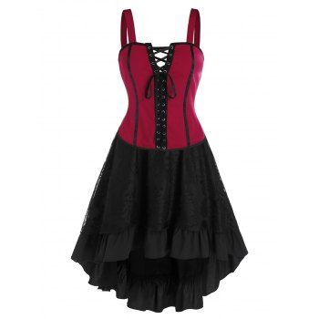 

Corset Style Lace Up Cami Top and Layered Lace Two Piece Skirt Sets, Black