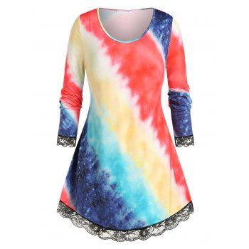 

Plus Size Tie Dye Lace Trim T Shirt, Multicolor