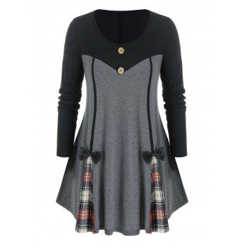 

Plus Size Plaid Bowknot Contrast Long Sleeve Tee, Black