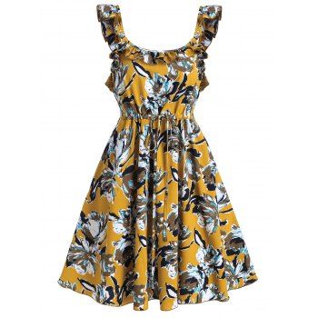 

Sleeveless Flower Print Ruffle Drawstring Dress, Goldenrod