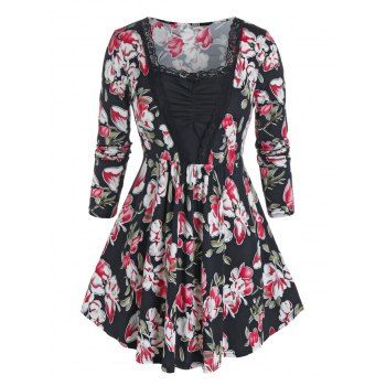 

Plus Size Flower Print Ruched Lace Insert Long Sleeve Tee, Black