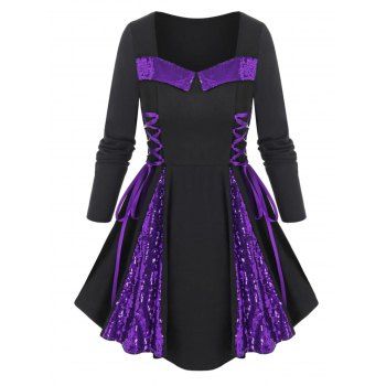 

Plus Size Glitter Sequined Lace-up Long Sleeve Tee, Black