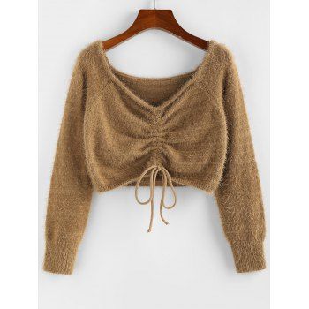 

Raglan Sleeve Fuzzy Cinched Sweater, Coffee