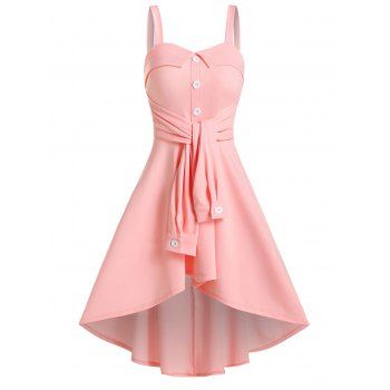 

Sleeveless Mock Button Tie Front High Low Dress, Pink