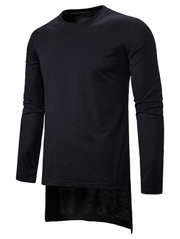 T-shirt Long Haut Bas Simple à Col Rond - Noir XL