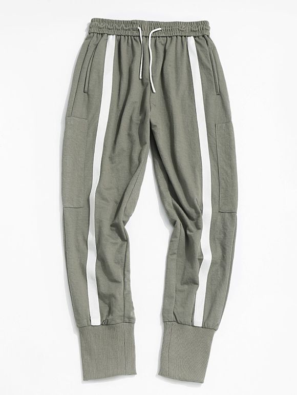 Pantalon Rayé Contrasté Zippé avec Poche à Pieds Etroits - Vert clair L