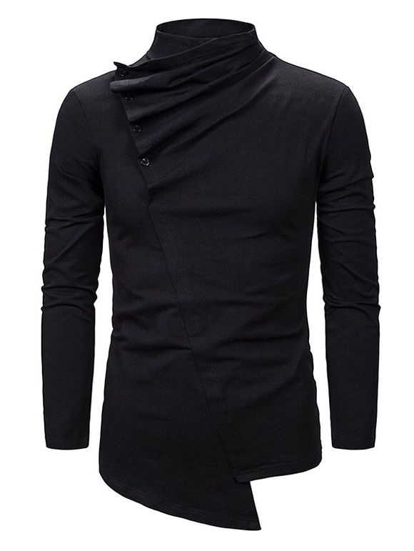 T-shirt Gothique Asymétrique Plissé Boutonné à Col Haut - Noir XL