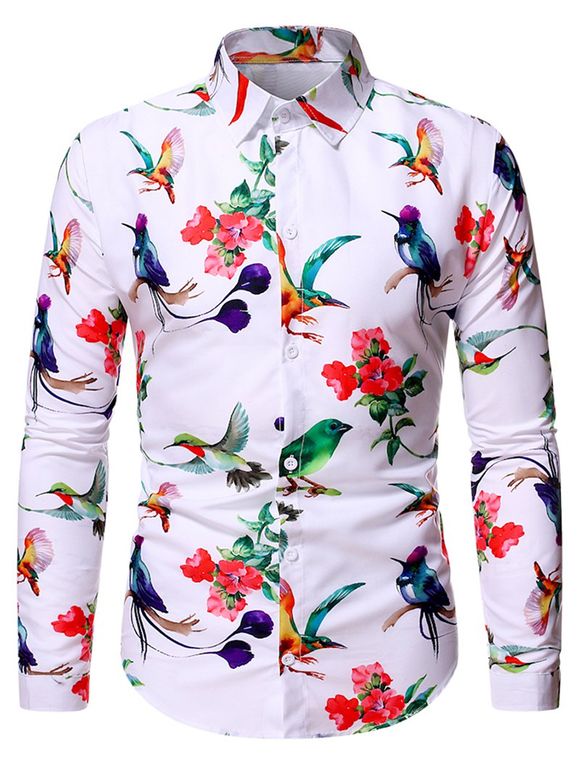 Chemise à Manches Longues Motif Fleurs et Oiseaux - Blanc XL