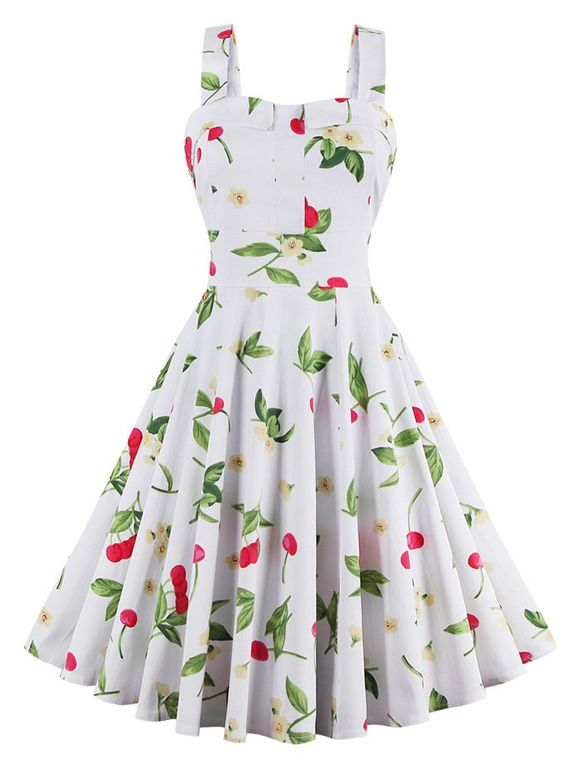 Robe Ajustée et Evasée Cerise Imprimée à Taille Nouée - Blanc 3XL