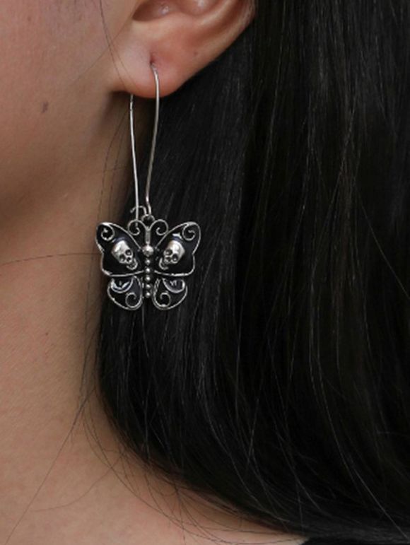 Boucles d'Oreilles Gothique en Forme de Papillon Motif de Crâne - Noir 