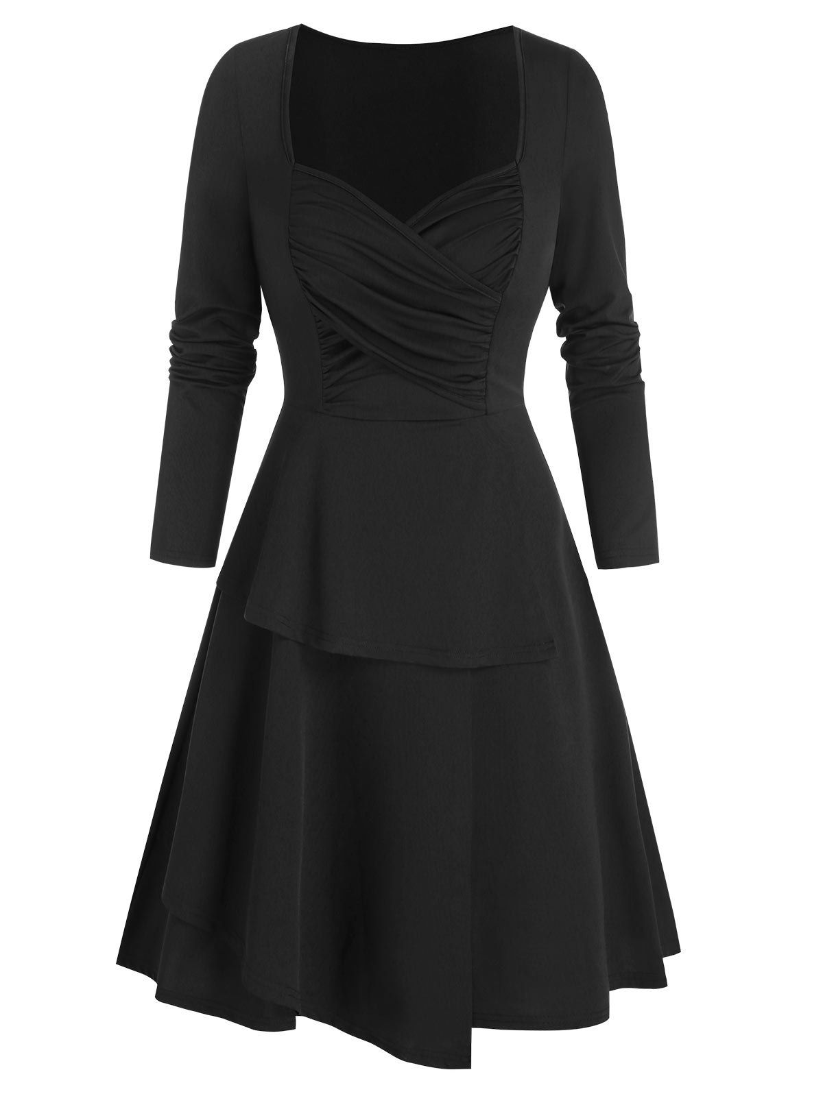 Long Sleeve Ruched Layered Mini Dress - BLACK M