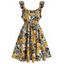 Summer Floral Sundress Allover Print Ruffle Drawstring Sleeveless Vacation A Line Dress - GOLDENROD L