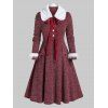 Robe Pull Ligne A Panneau en Fausse Fourrure Grande Taille avec Nœud Papillon - Rouge Vineux 3X