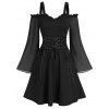Open Shoulder Lace Up Ruffled Trim A Line Dress - BLACK L