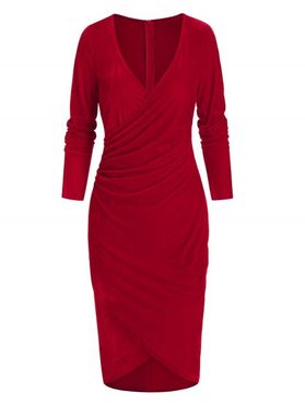 Velvet Bodycon Dress Ruched Long Sleeve Surplice Plunging Neck Knee Length Party Dress