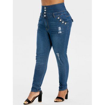 

Dark Wash Button Fly Distressed Plus Size Skinny Jeans, Deep blue