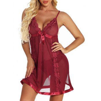 Image of Lace Mesh Bowknot Backless See Thru Lingerie Dress