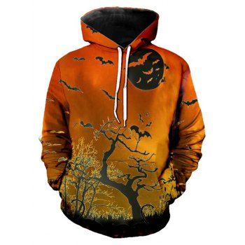 

Halloween Bat Tree Print Front Pocket Casual Hoodie, Dark orange