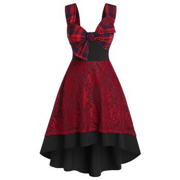 

Plus Size Plaid Lace Dip Hem Bowknot Midi Dress, Multicolor