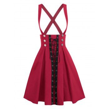 

Double Breasted Lace Up Mini Suspender Skirt, Red