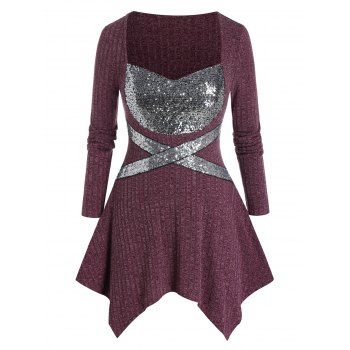 

Plus Size Crisscross Sequins Panel Asymmetrical Sweater, Firebrick